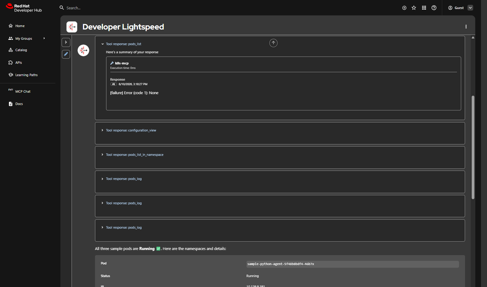 Lightspeed chat showing Tool response chips for pods_list and pods_log with litemaas-qwen