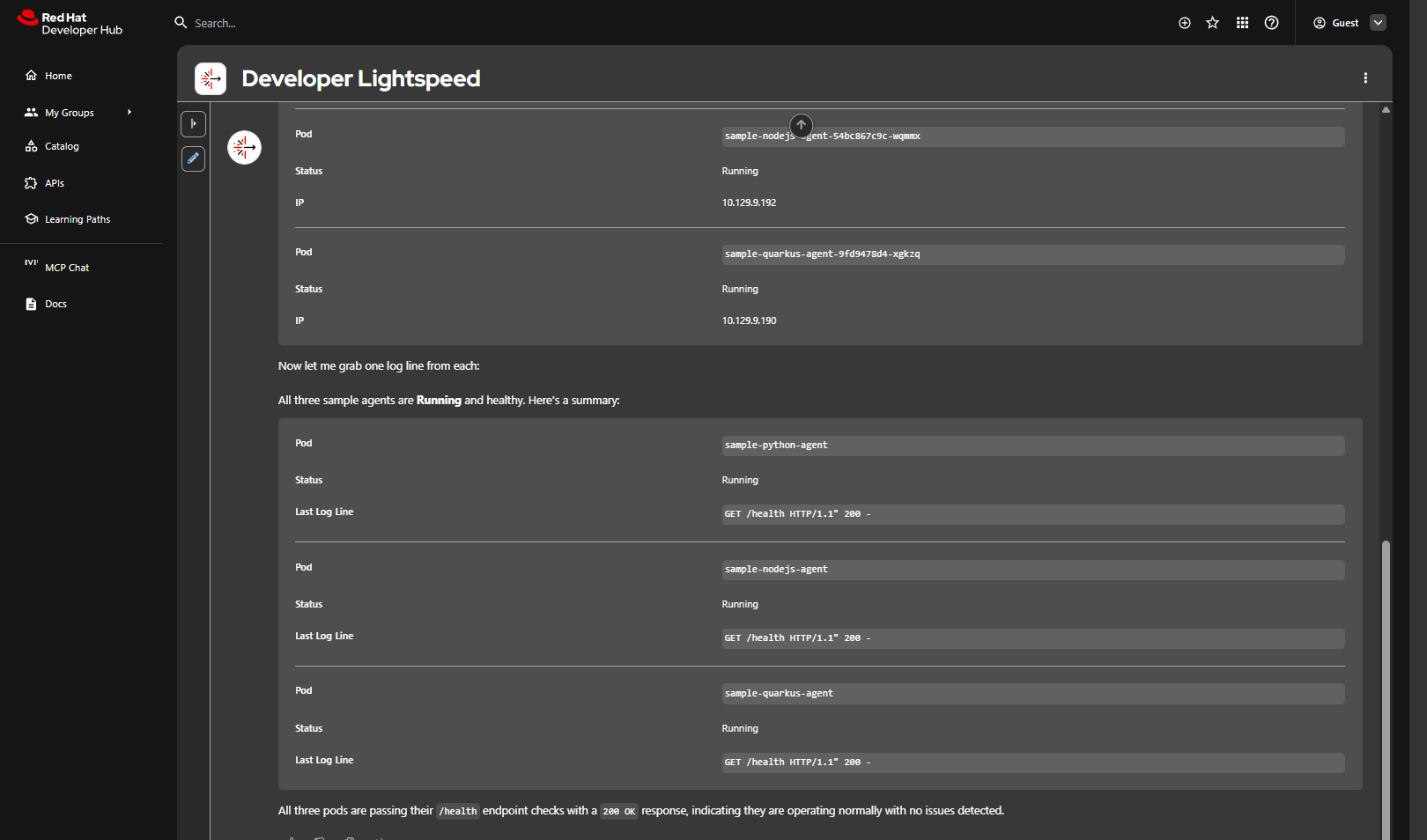 Lightspeed summary listing chart pods and golden-path workloads in the namespace