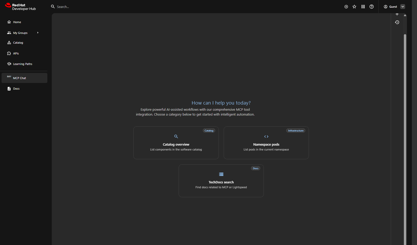 MCP Chat landing page with Catalog, Namespace pods, and TechDocs suggested prompts