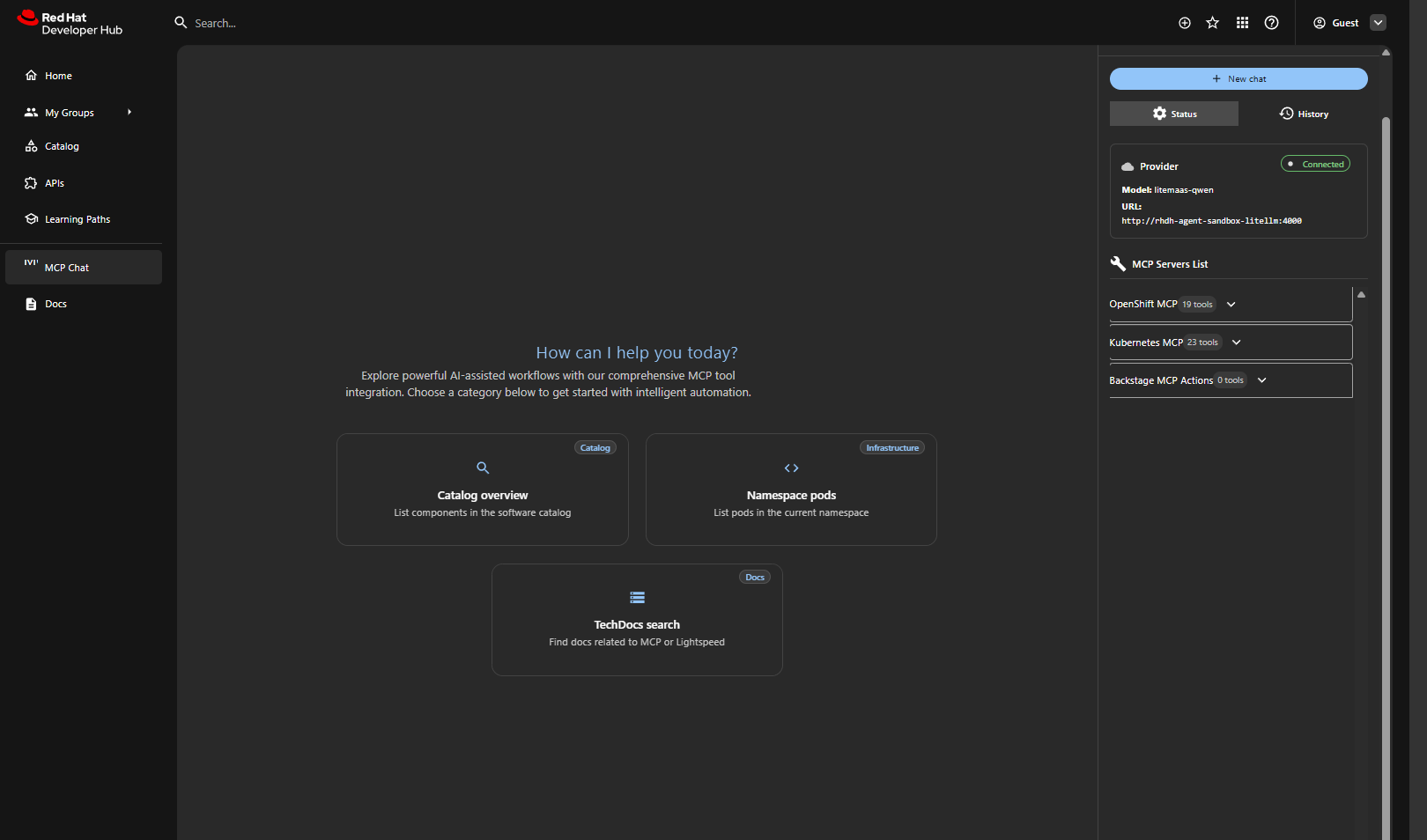 MCP Chat status panel showing Connected provider litemaas-qwen and OpenShift plus Kubernetes MCP servers