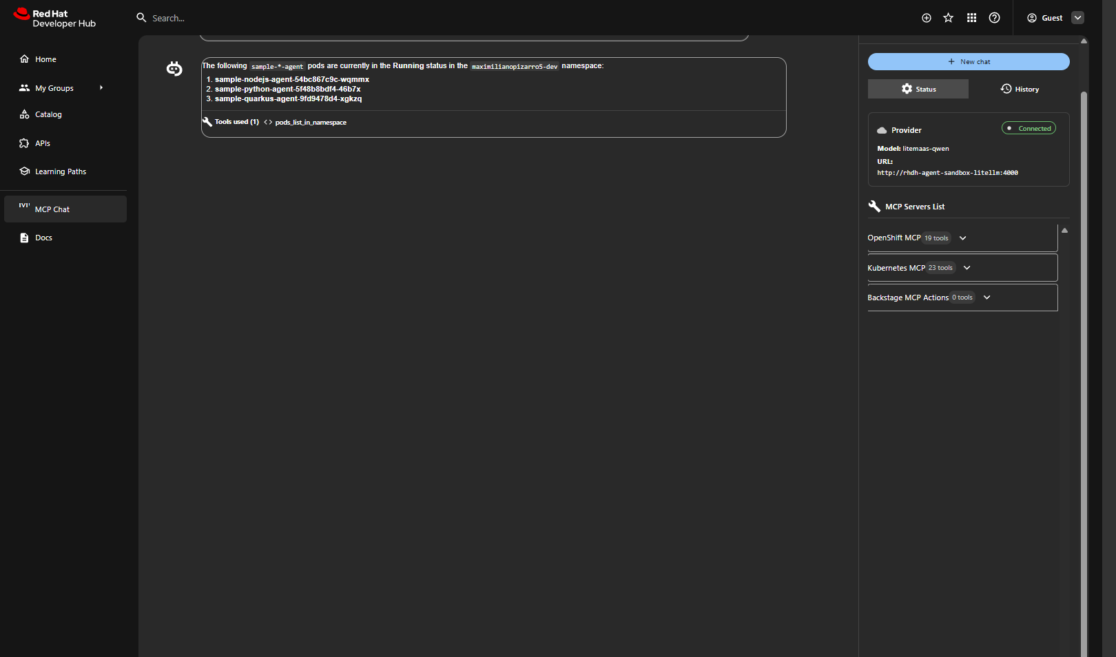 Hub MCP Chat showing Kubernetes tool call results for pods in namespace