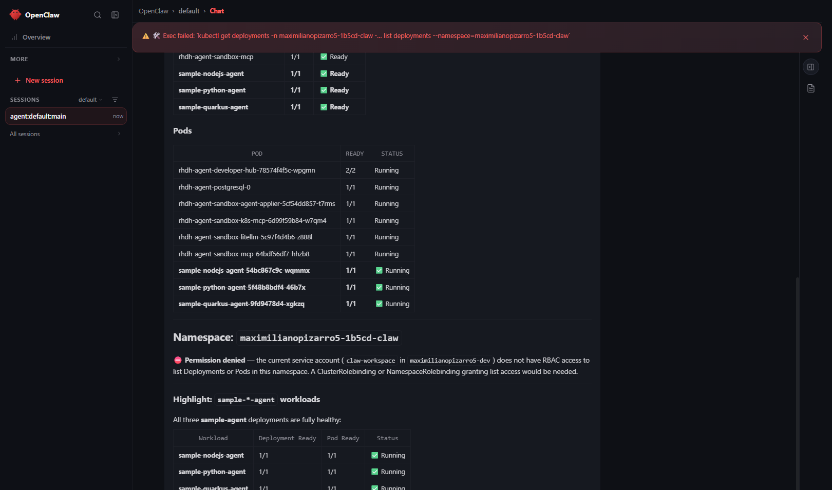 OpenClaw chat showing kubectl tool activity and sample agent Ready status with Qwen3.6-35B-A3B