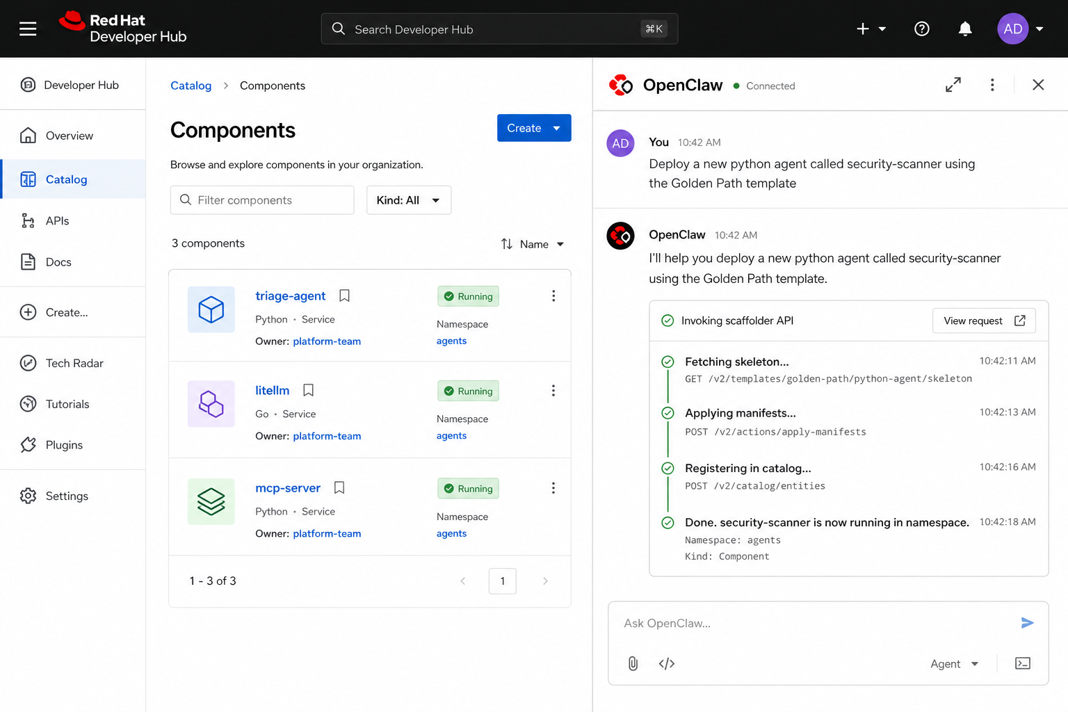 Illustrative concept of OpenClaw beside Developer Hub catalog while deploying an agent