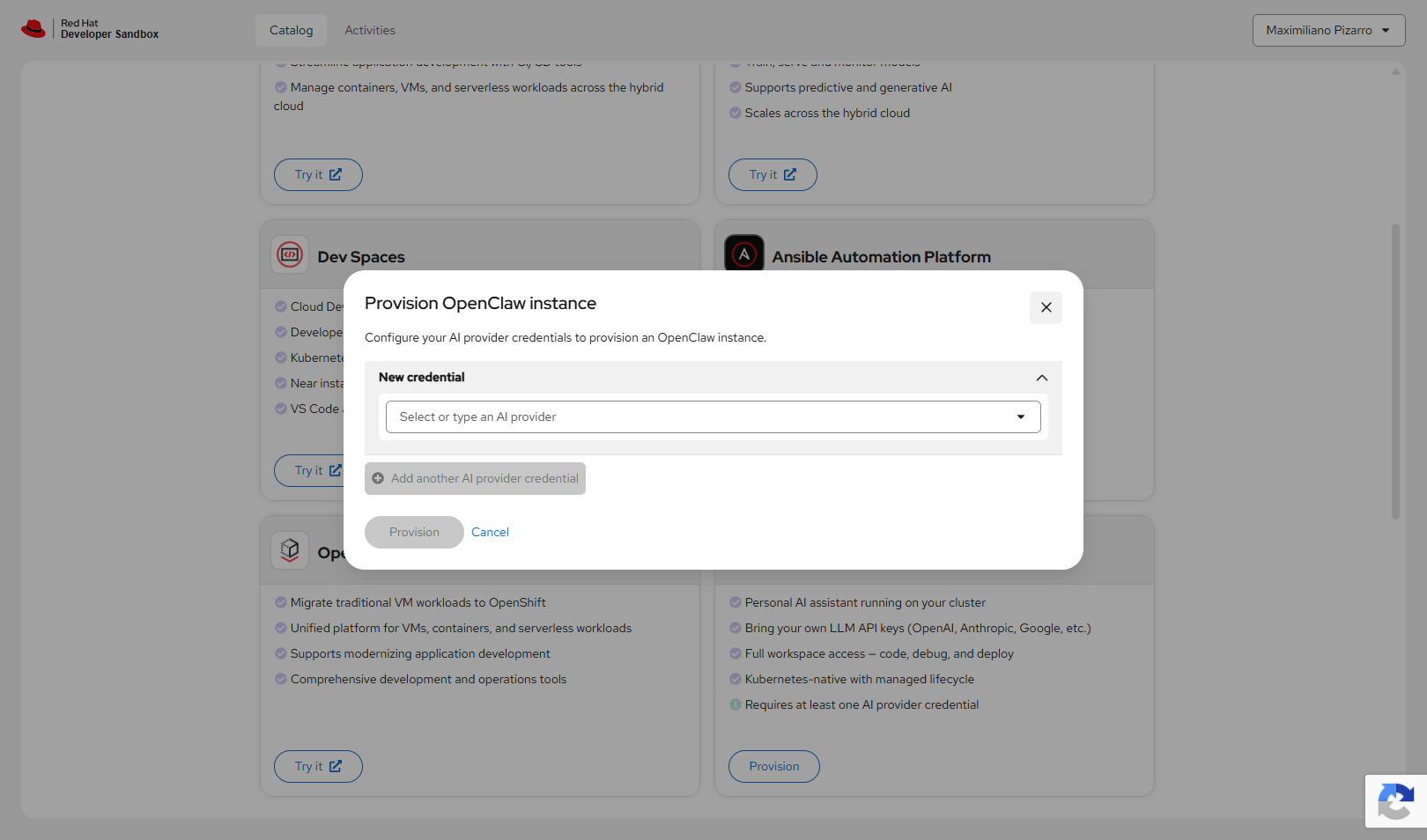 Provision OpenClaw instance modal with New credential section and AI provider dropdown