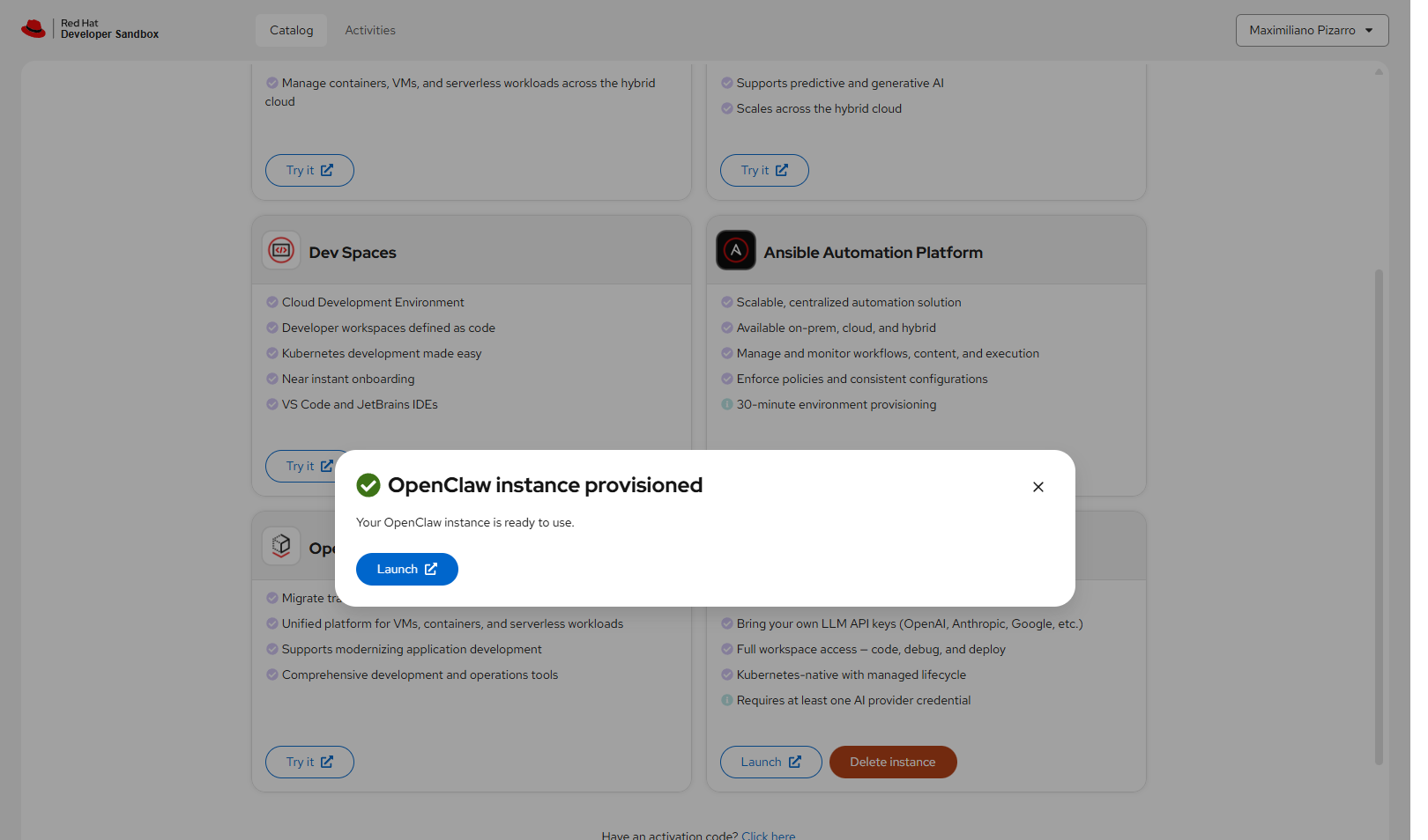 OpenClaw instance provisioned modal with Launch button