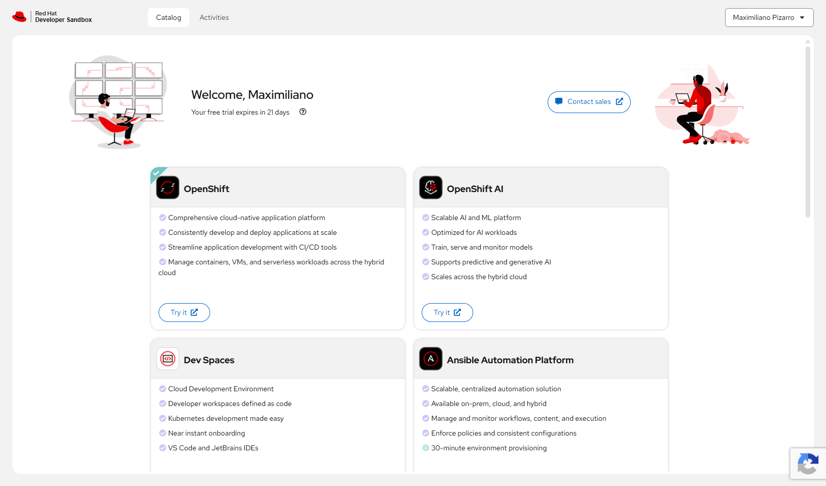Developer Sandbox catalog showing OpenShift, OpenShift AI, Dev Spaces, Ansible, OpenShift Virtualization, and OpenClaw cards