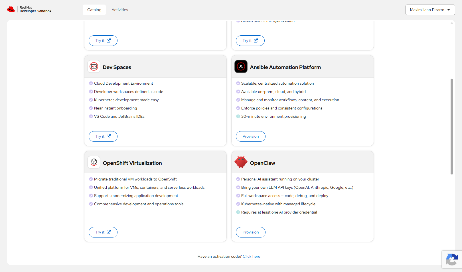 OpenClaw card with features: personal AI assistant, bring your own LLM keys, full workspace access, Kubernetes-native