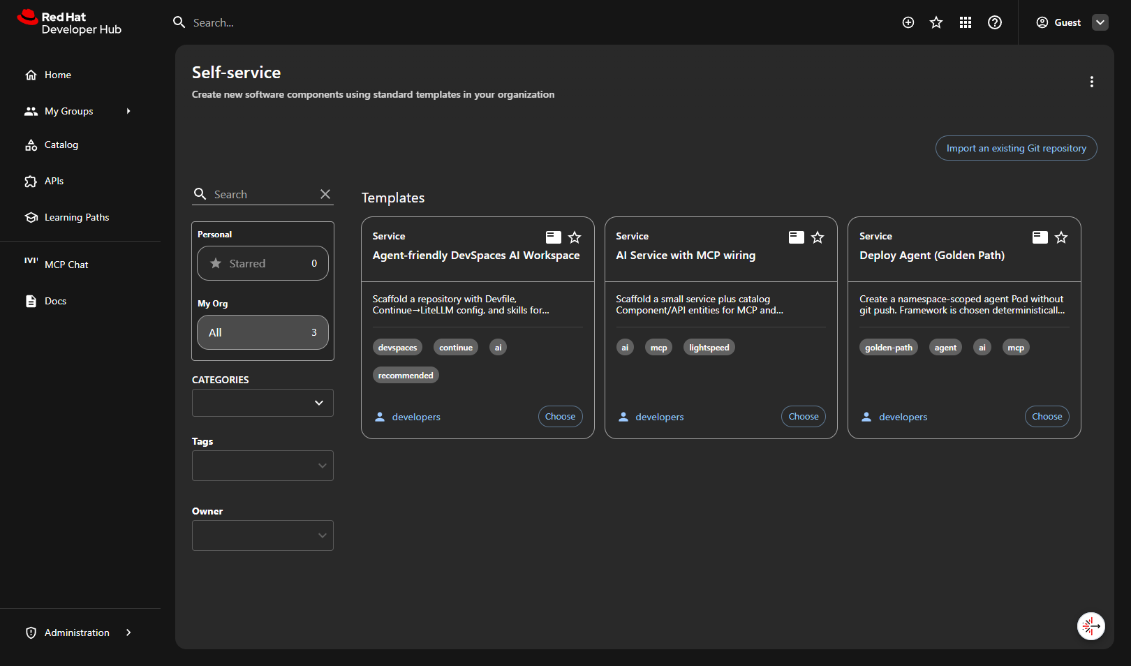 Self-service page showing 3 Golden Path templates