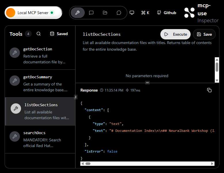 MCP Inspector - Tool Execution Result